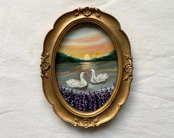 Mini Swan Oil Painting in Antique Frame: Romantic Lake Art Decor, Art Gift for Mom