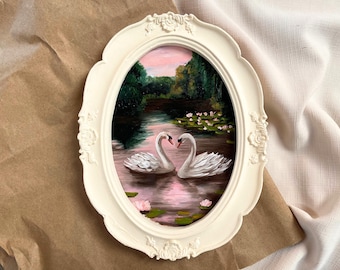 White Swan Couple Oil Painting: Romantic Oval Framed Wall Art