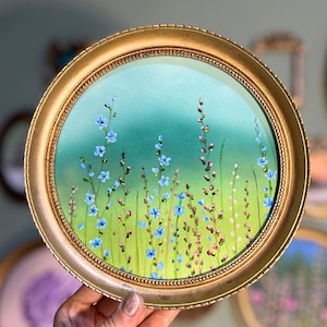 Vintage Golden Round Framed Textured Painting Wild Flowers, Hand Painting Floral Artwork, Tiny Flowers Painting, Small art, Anniversary gift