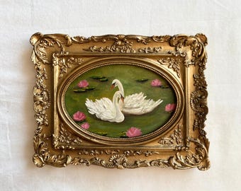 Swan Lake Oil Painting, Framed Swan Art, Vintage Style Wall Decor