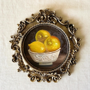 Vintage Looking Framed Lemons Oil Painting, Victorian Style Fruit Art for Kitchen Wall, Small Antique Decor, Unique Housewarming Art Gift