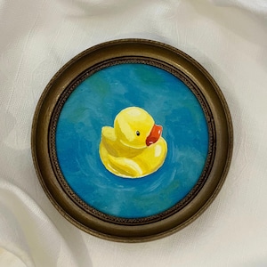 Yellow Duck Oil Painting Vintage Golden Framed, Decoration for Bathroom, Hand Painted Toy Duck in Bathtub Decor Art, Nursery Wall Art Kids