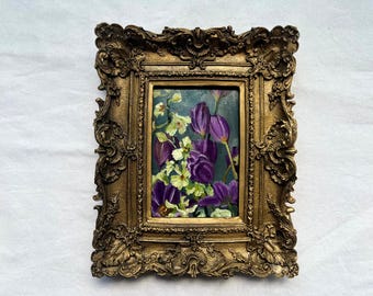 Obraz olejny "Fioletowy tulipan" w ramie w stylu vintage: romantyczna botaniczna dekoracja ścienna