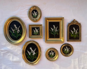 Peinture à l'huile de muguet, cadre doré vintage, art floral miniature