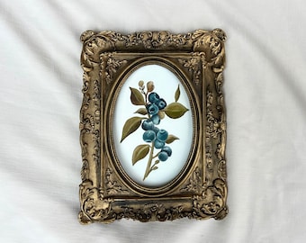 Vintage Framed Blueberry Oil Painting: Kitchen Wall Art Decor
