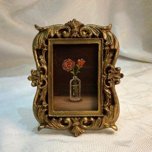 Framed Red Rose Oil Painting: Vintage Still Life Miniature Art