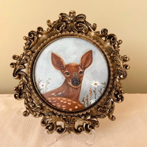 Mini Deer Oil Painting Vintage Style Round Framed, Woodland Animal Art, Hand Painted Fawn, Rustic Farmhouse Gift, Forest Animals Painting