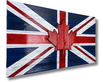British and Canadian Flag Made of Wood - Wooden Union Jack with Maple Leaf - Burnt Cedar UK and Canadian Flag