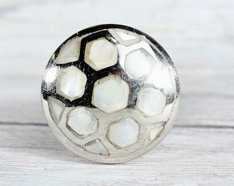 Pearl Drawer Knobs in Silver with Hexagon Pattern - Mother of Pearl Cabinet Hardware Honey Comb Pattern - Shell
