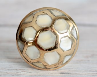 Pearl Drawer Knobs in Brass with Hexagon Pattern - Mother of Pearl Knobs Gold Details and Honey Comb Pattern - Pearl River Knobs