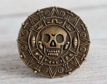 Skull Drawer Knobs in Brass - Round Pirate Cabinet Knobs in Brass for Pirate Room Decor - Boy Dresser Knobs Pirate Doubloon