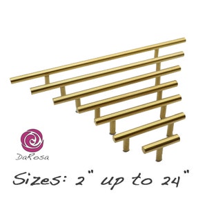 May include: A set of eight gold-toned metal cabinet pulls in various sizes, ranging from 2 inches to 24 inches. The pulls are arranged in a staggered pattern, with the smallest pull at the bottom and the largest pull at the top. The text "Sizes: 2" up to 24" is printed below the pulls.