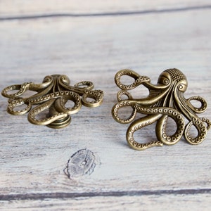 SET of 2 Octopus Drawer knobs in Brass Octopus Cabinet knobs in Brass for Beach Decor Animal Shaped Knobs Coastal Decor image 2