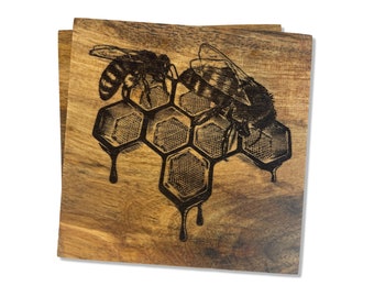 Bee Engraved Mango Wood Coaster Set: Personalized Beekeeper Gift