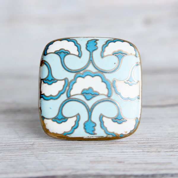 Square Ceramic Drawer Knob - Ginko Leaf Cabinet Knobs - Blue and Gold Floral Pattern - Art Deco Furniture Knobs