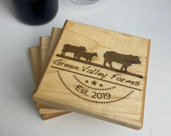 Personalized Wooden Coasters Set of 4 with Cow themed images - Custom Gift Farmer - Personalized Cow Coasters
