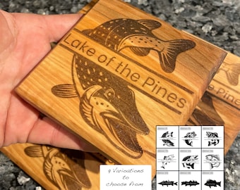 Wooden Coasters Set of 4 with Fresh Water Fish (more option) - Custom Gift Fisher Man - Personalized Coasters