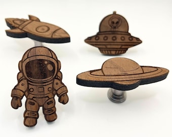 Outerspace Drawer Knobs - Galaxy Cabinet Hardware - Engraved Walnut Kids Room Decor