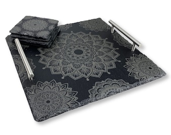 Set of 4 Mandala Engraved Slate Coasters with Matching Serving Tray – Home Decor, Gift for Her, Boho Drink Coasters - Handmade Tray Set