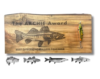 Custom Fishing Award Live Edge Wood with Hook for Lure - Personalized Fishing Trophy  Tournaments Plague Gift for Fisherman Cottage Decor