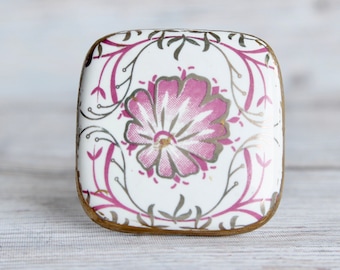 Square Cabinet Knob with Pink Flower Pattern - Ceramic Drawer Knob in Pink and Gold Details