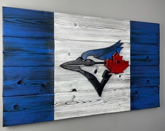 Toronto Blue Jays Wood Flag - Burnt Wood Shou Sugi Ban Wall Art for Cottage - Blue Jays Fan Gift Decor