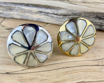 Mother of Pearl Drawer Knob Daisy Pattern  - Sea Shell Cabinet Knobs in Gold or Silver - Coastal Nautical Decor