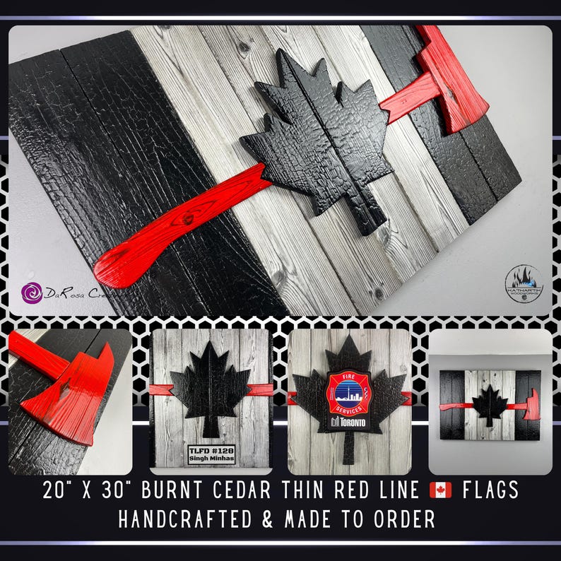 Fire Fighter Gift Canadian Flag Made of Wood 20x30 inch - Thin Red Line Burnt Cedar Rustic Flag - Canadian First Responder Flag image 2