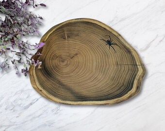 Locust Wood Charcuterie Board: Realistic Epoxy Spider Inlay, Gothic Halloween Decor