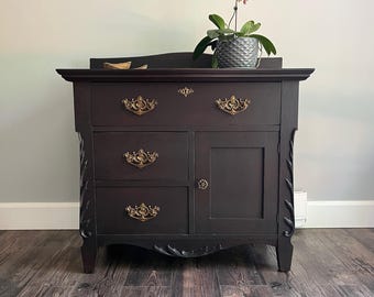 Antique Oak Washstand, Black Nightstand, Refinished Accent Cabinet, Entryway Storage, Coffee Bar Cabinet