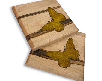 Ambrosia Maple Coasters: Gold Epoxy Butterfly Inlay, Set of 2