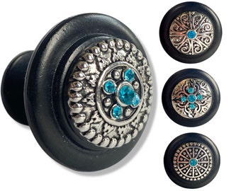 Black Drawer Knob Round with Silver Setting and Turquoise Crystals - Pretty Cabinet Knobs