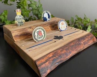 Challenge Coin Holder Made of Wood with Epoxy Inlay - Coin Display Rack for Police Fire Fighters First Responders Gift