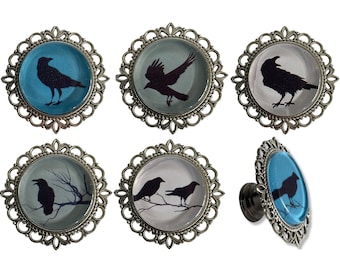 Raven Drawer Knobs - Silver Cabinet Knobs with Crow Images - Vintage Style Bird Drawer Knobs - Custom Hardware