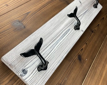 Coat Rack with 3 Whale Tail Hooks 24 inch  - Nautical Decor Coat Rack - Beach House Whale Coat Rack - Towel Rack
