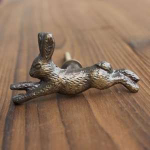 Leaping Hare Drawer Knob in Antique Brass - Woodland Animals - Bunny Knobs for Cabinets