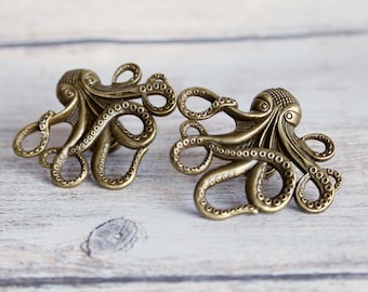 Lot de 2 boutons de tiroir Octopus en laiton - Boutons d'armoire Octopus en laiton pour décoration de plage - Boutons en forme d'animal, décoration côtière