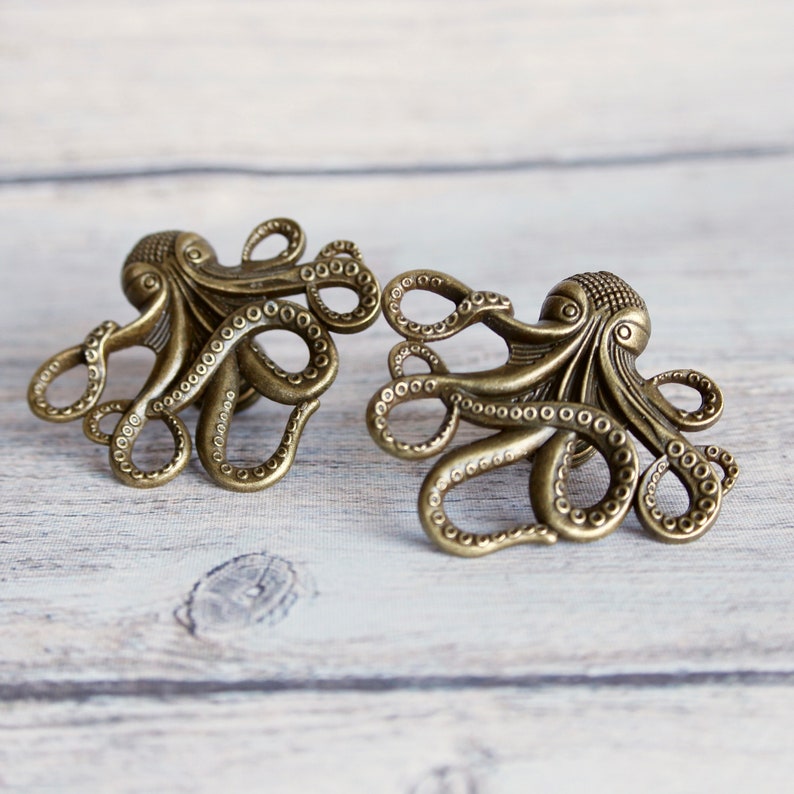 SET of 2 Octopus Drawer knobs in Brass Octopus Cabinet knobs in Brass for Beach Decor Animal Shaped Knobs Coastal Decor image 1