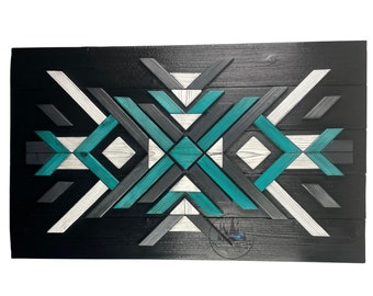 Mosaic Wood Wall Art large size Modern Rustic Decor Southwestern Shou Sugi Ban Ranch White Turquoise Black