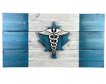 Canadian Nurse Wooden Flag with Caduceus in Blue - Gift Registered Nurse RN - Medical Healthcare Decor