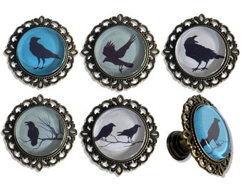 Crow Drawer Knobs - Brass Cabinet Knobs with Raven Images - Vintage Style Bird Drawer Knobs - Custom Options
