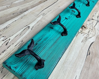 Whale Tail Towel Rack 36"  with 5 Hooks Shou Sugi Ban Board - Nautical Decor Coat Rack - Beach House - Coat Rack