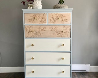 Tall Dresser Blue and White with Blossom Engraved Drawers - Tallboy Dresser - Bedroom Furniture