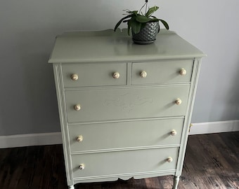 Refinished Dresser in Sage Green - Vintage Tall Boy with Pearl Knobs