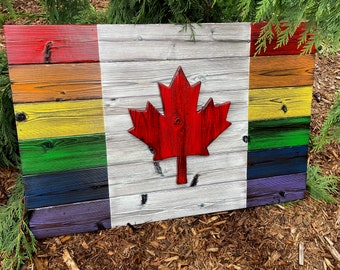 Canadian Pride Flag Made of Burnt Wood 24 x 36 inch - Shou Sugi Ban- Rustic Home Decor for Cottage Cabin Lodge - LGBTQ Decor