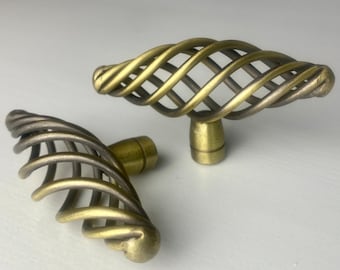 Cage Drawer Knobs Antique Brass SET of 2 Wired Cabinet Hardware Cabinets