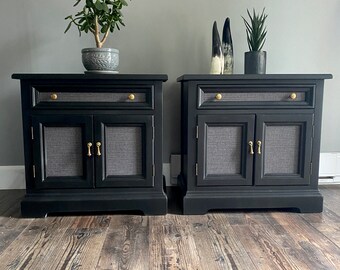 Pair of Black Refinished Nightstands - Set of Bedside Tables Black and Grey