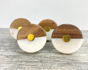 SET of 4 Marble and Wood Cabinet Knobs - Drawer Knobs - Clearance Sale