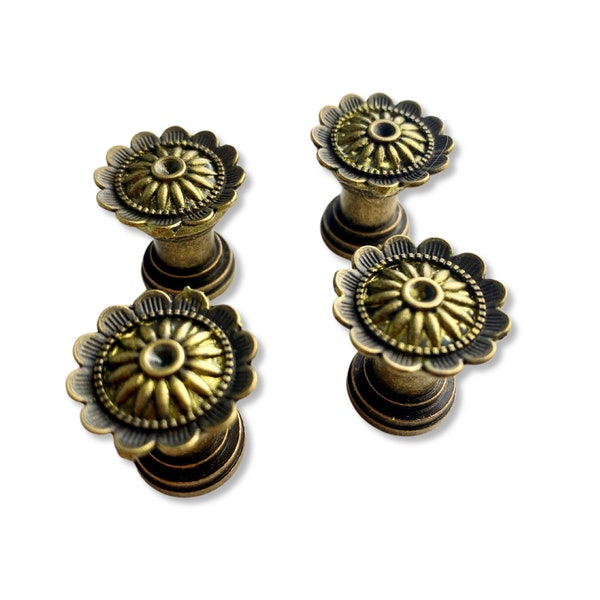 Small Brass Drawer Knobs Flower SET of 4