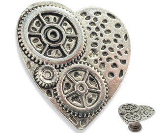 Silver Heart Drawer Knob with Gears - Steampunk Knobs - Hardware for dresser and cabinets